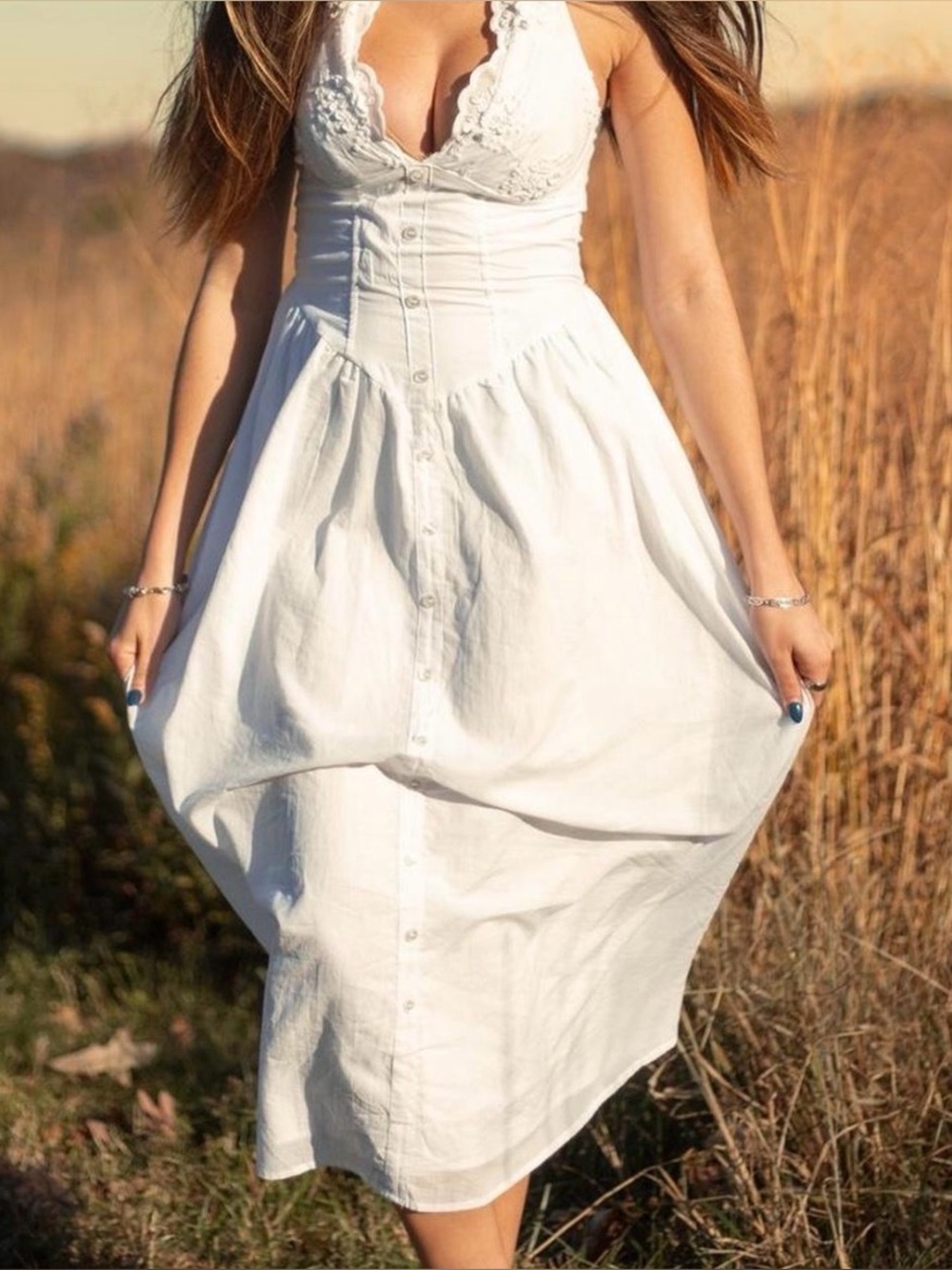 Wild fable White Midi corset cotton Button-Front Lace Dress